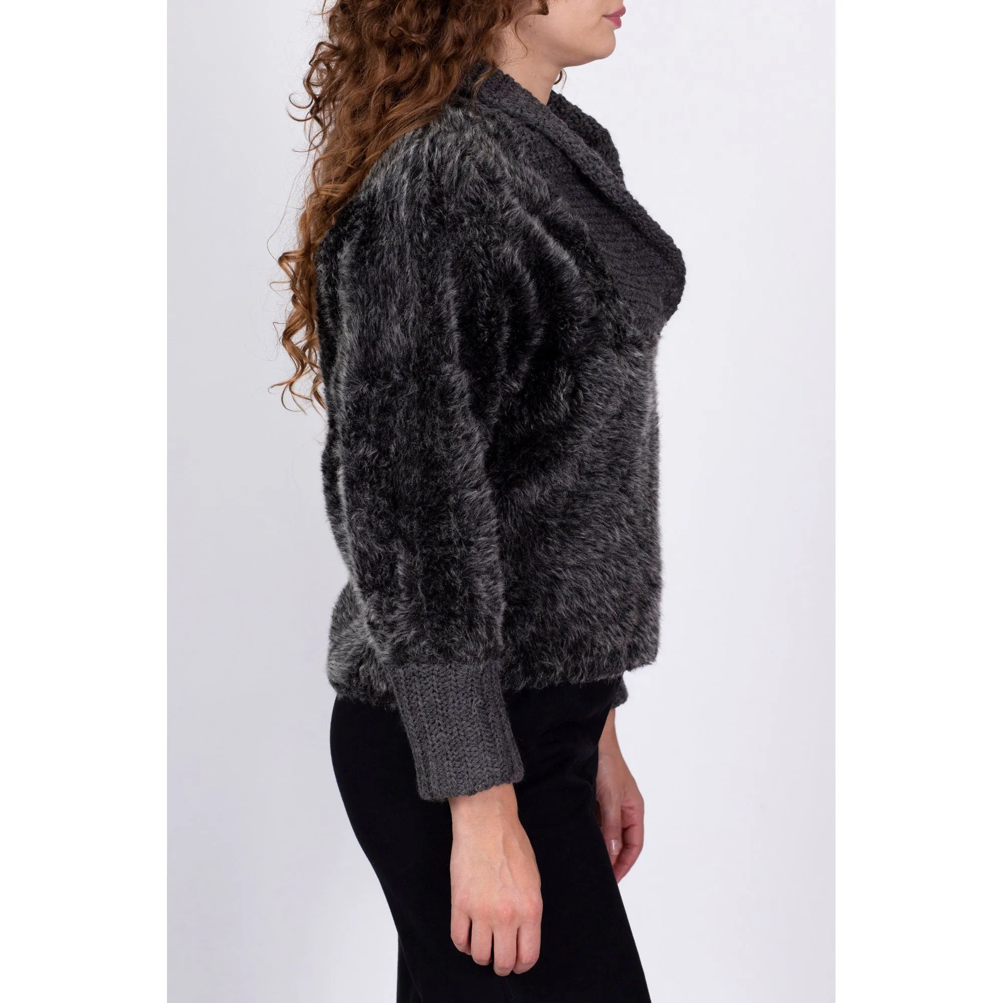 1930s Fuzzy Grey Shawl Collar Sweater - Medium