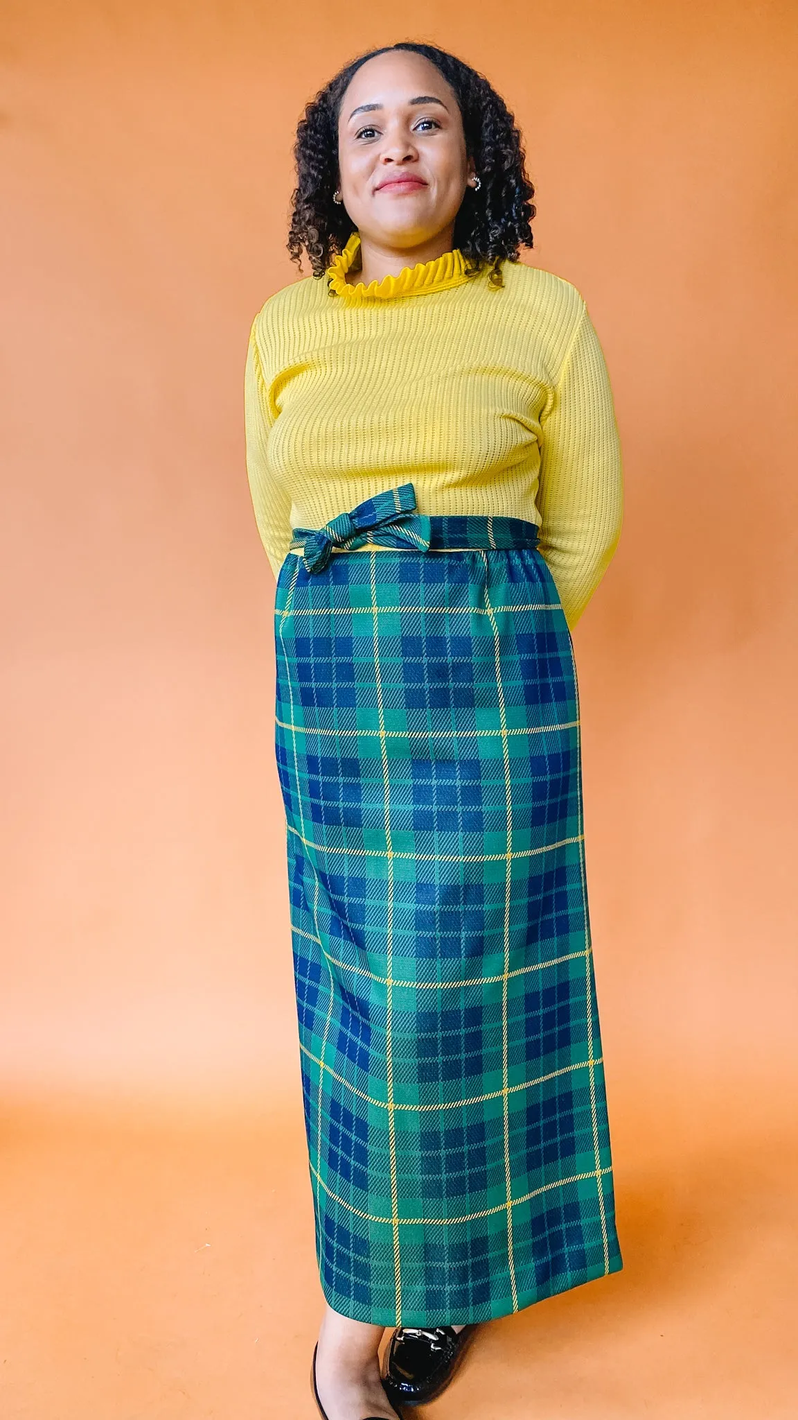 1970s Yellow & Green Plaid Maxi Dress, sz. L