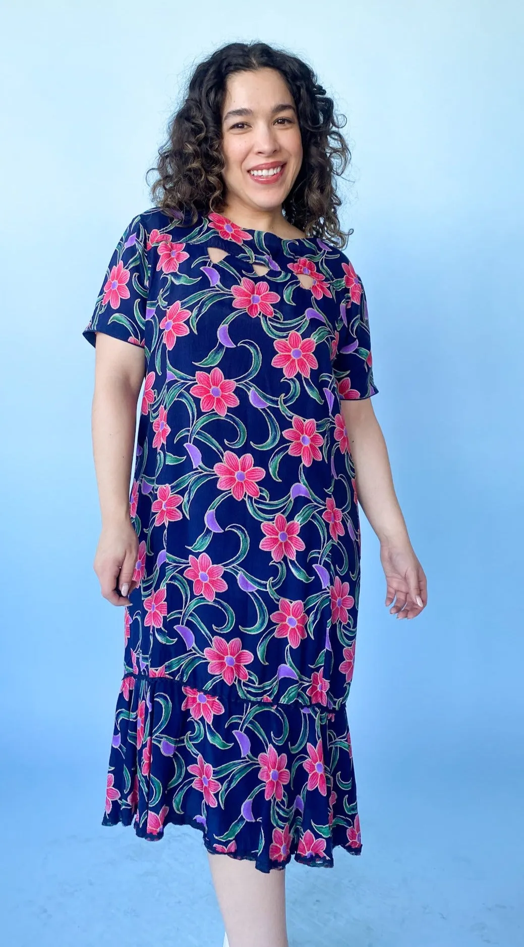 1980s Navy and Pink Floral Cut Out Dress, sz. L