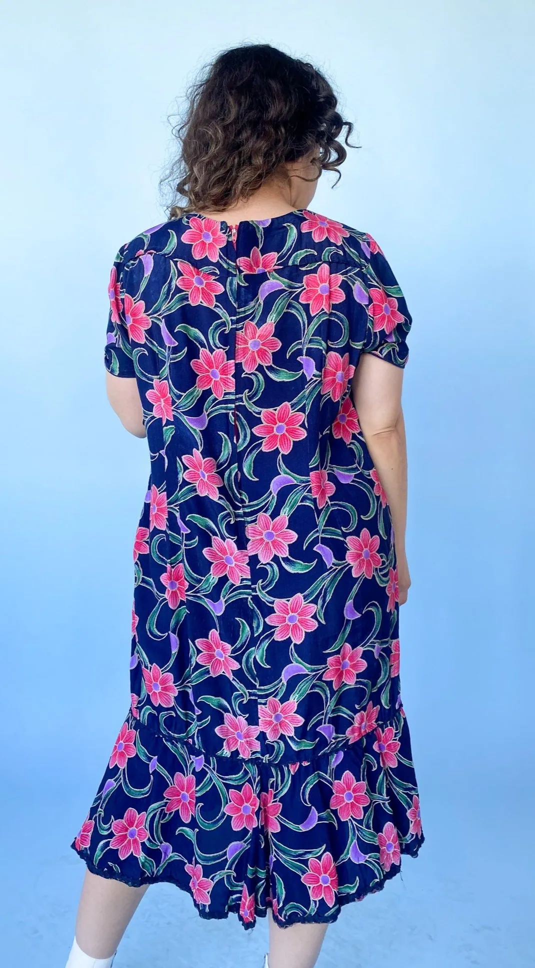 1980s Navy and Pink Floral Cut Out Dress, sz. L