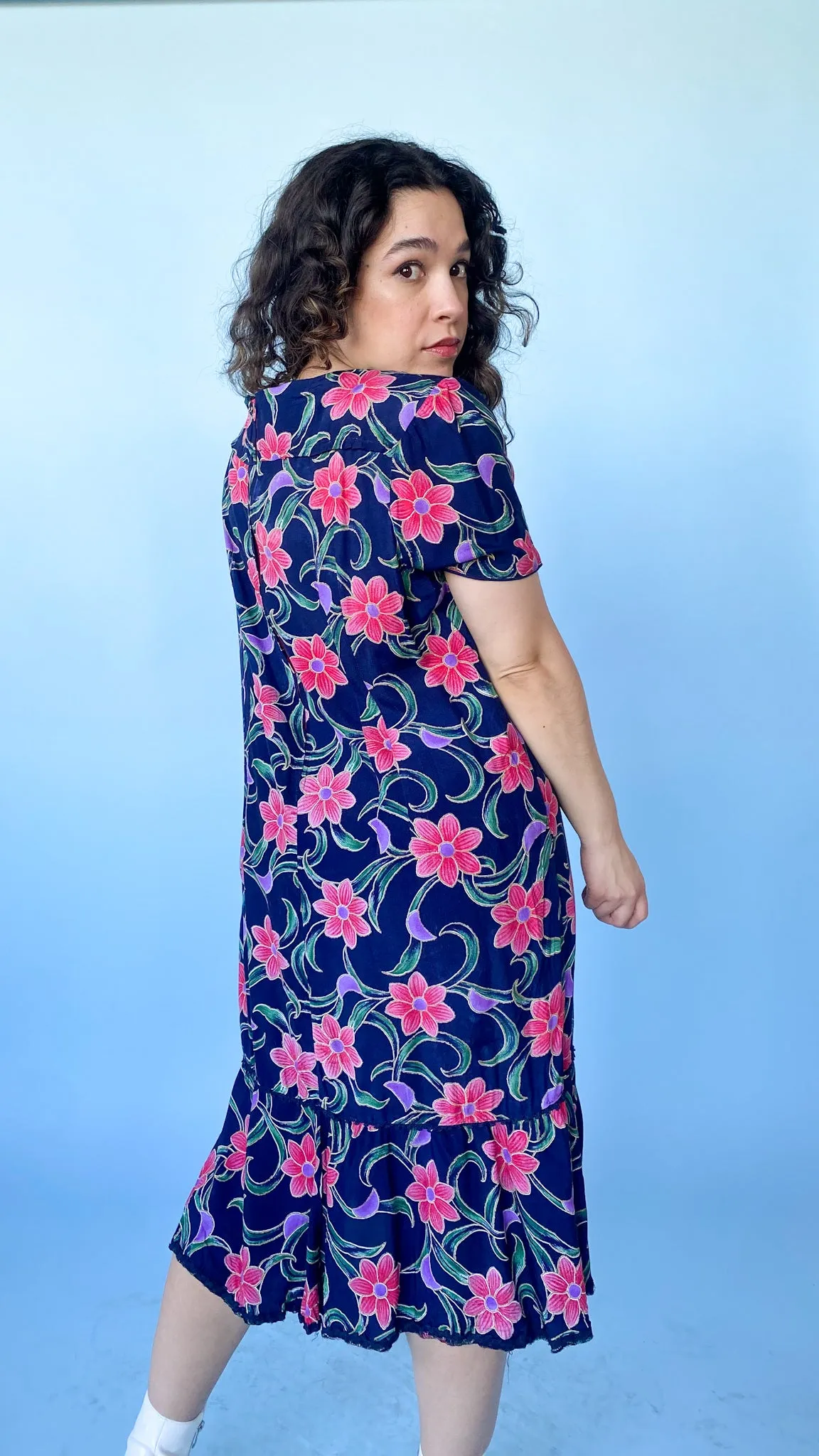 1980s Navy and Pink Floral Cut Out Dress, sz. L