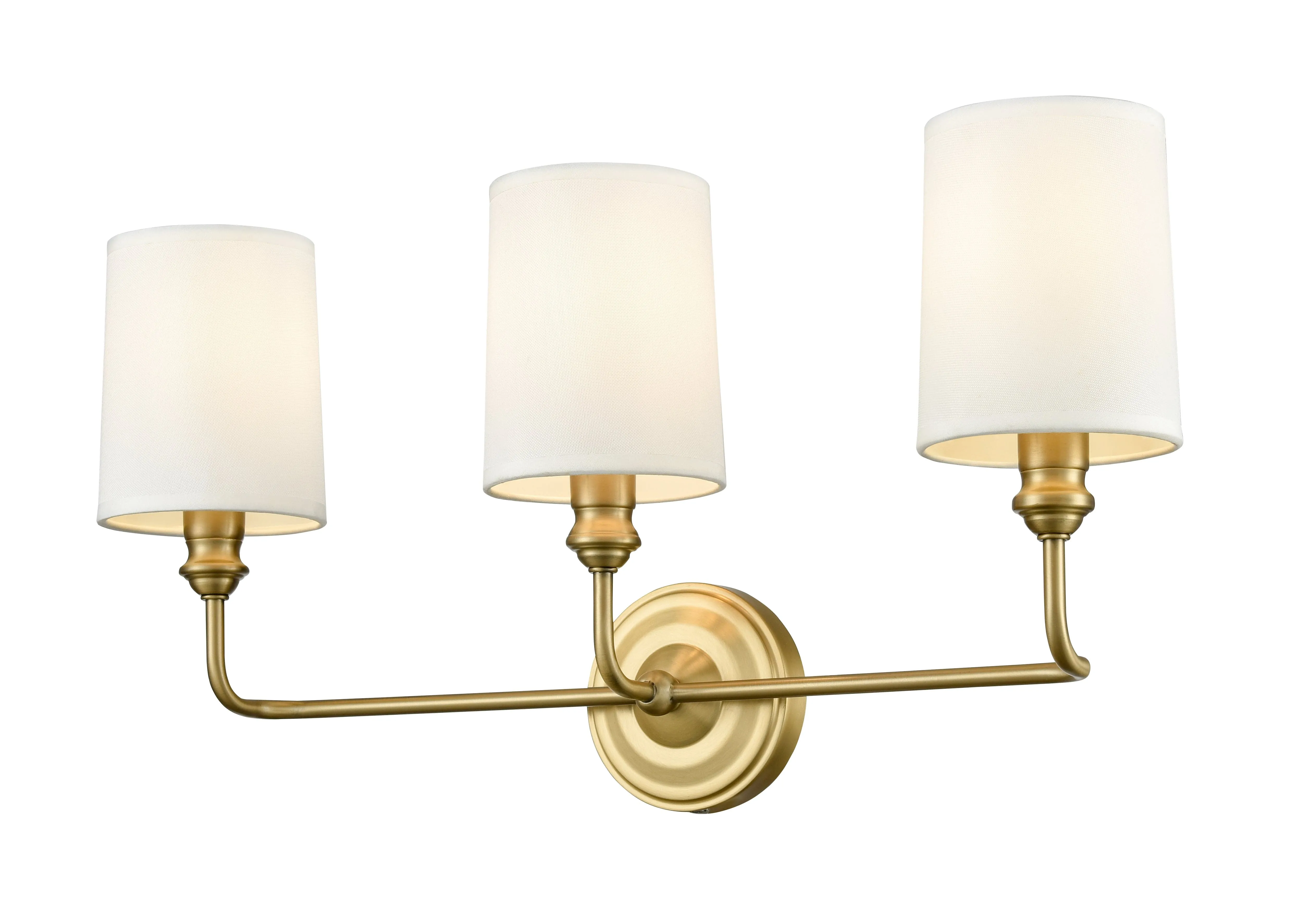 3 Lamps Leena Vanity Light - Vintage Brass - White Fabric Shade - 22in. Wide