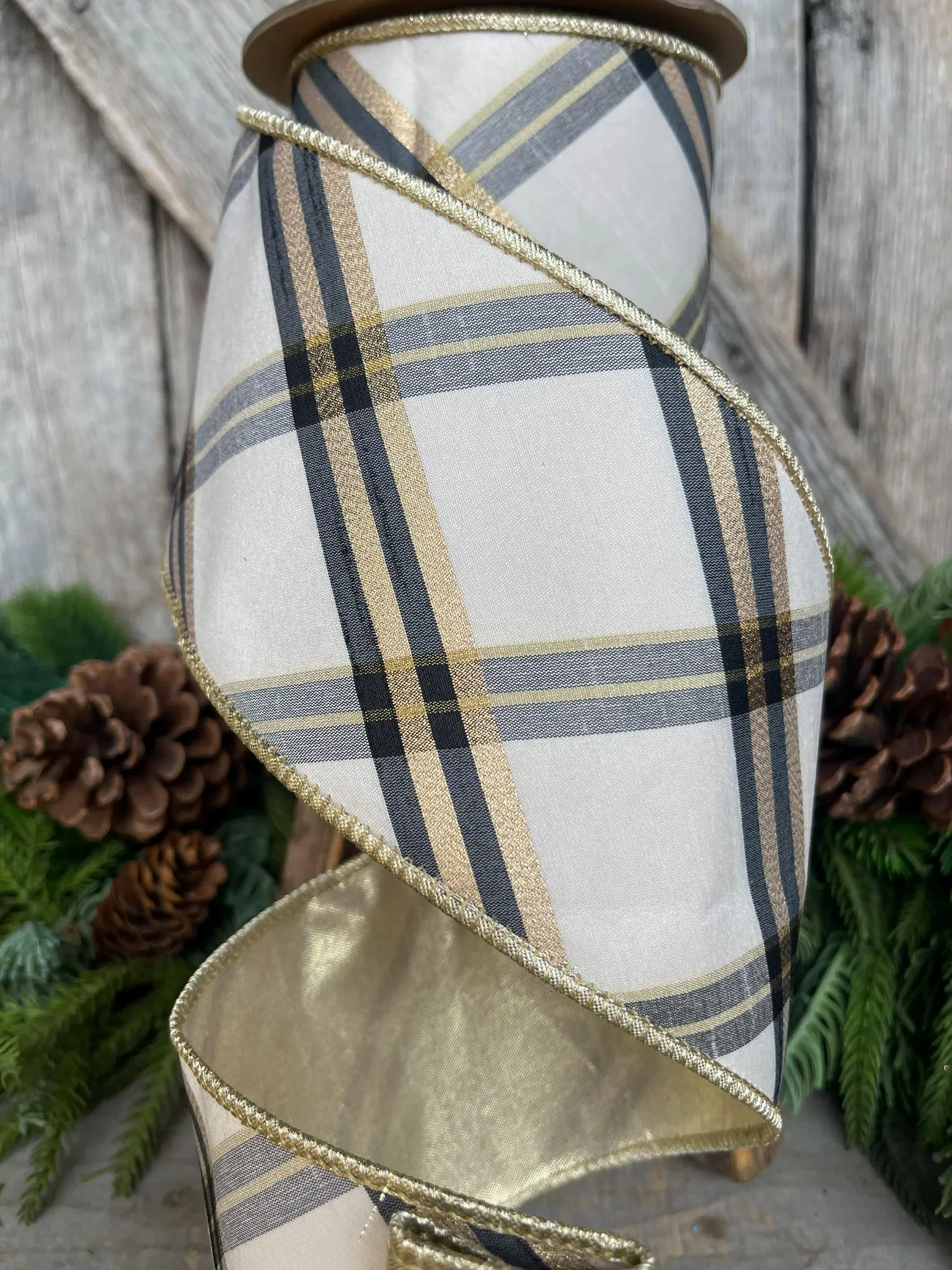 4" Ivory Black Gold Plaid Ribbon, Christmas Ribbon