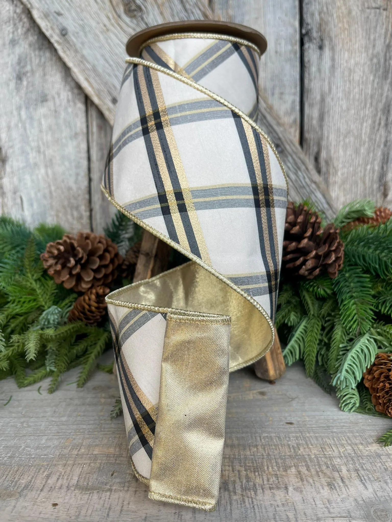 4" Ivory Black Gold Plaid Ribbon, Christmas Ribbon