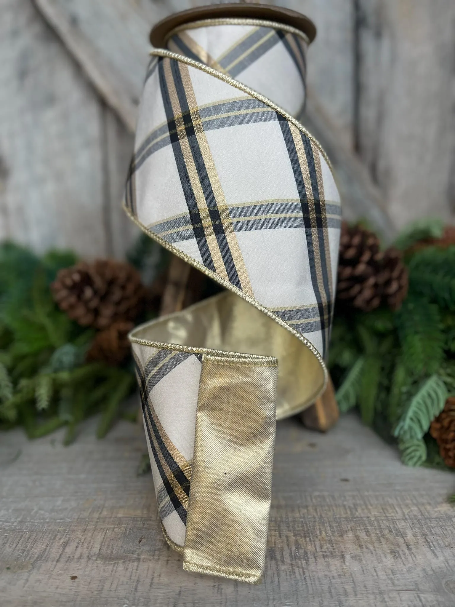 4" Ivory Black Gold Plaid Ribbon, Christmas Ribbon