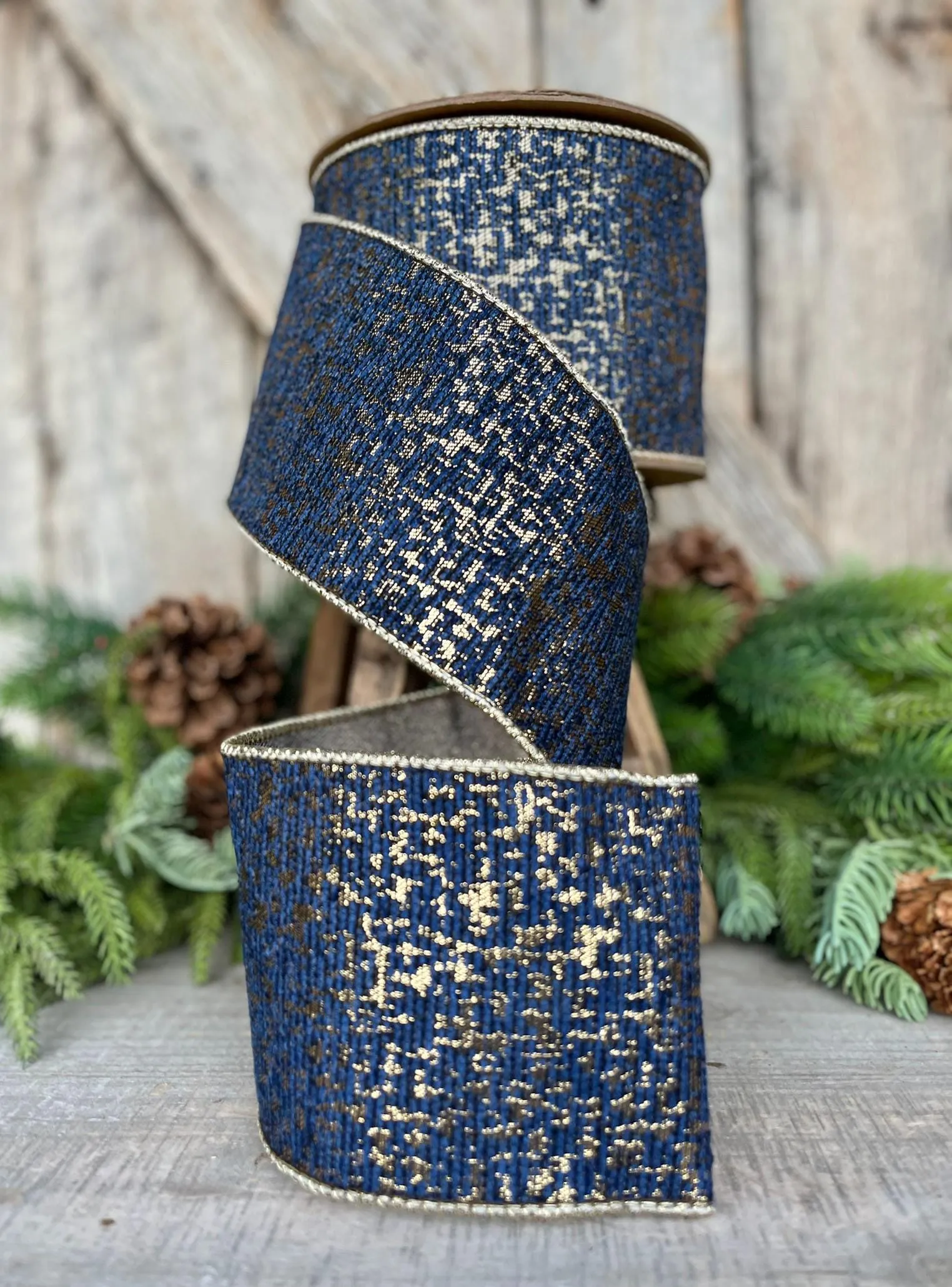 4" Navy Blue Gold Wired RIbbon, Navy Jacquard Ribbon