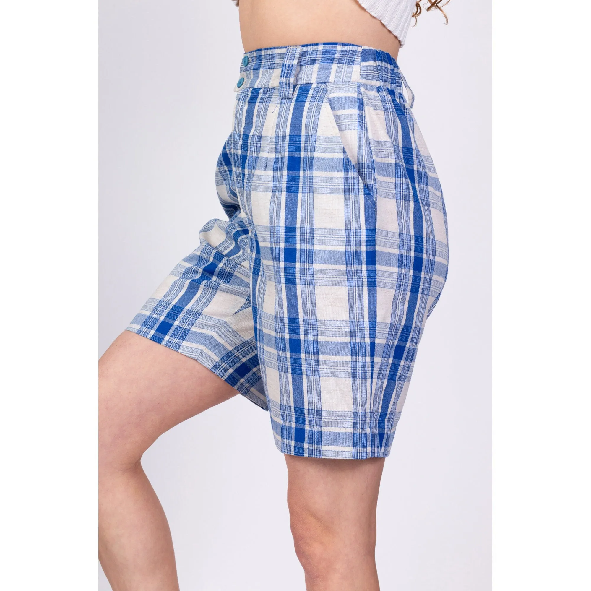 70s Blue & White Plaid Shorts - Medium