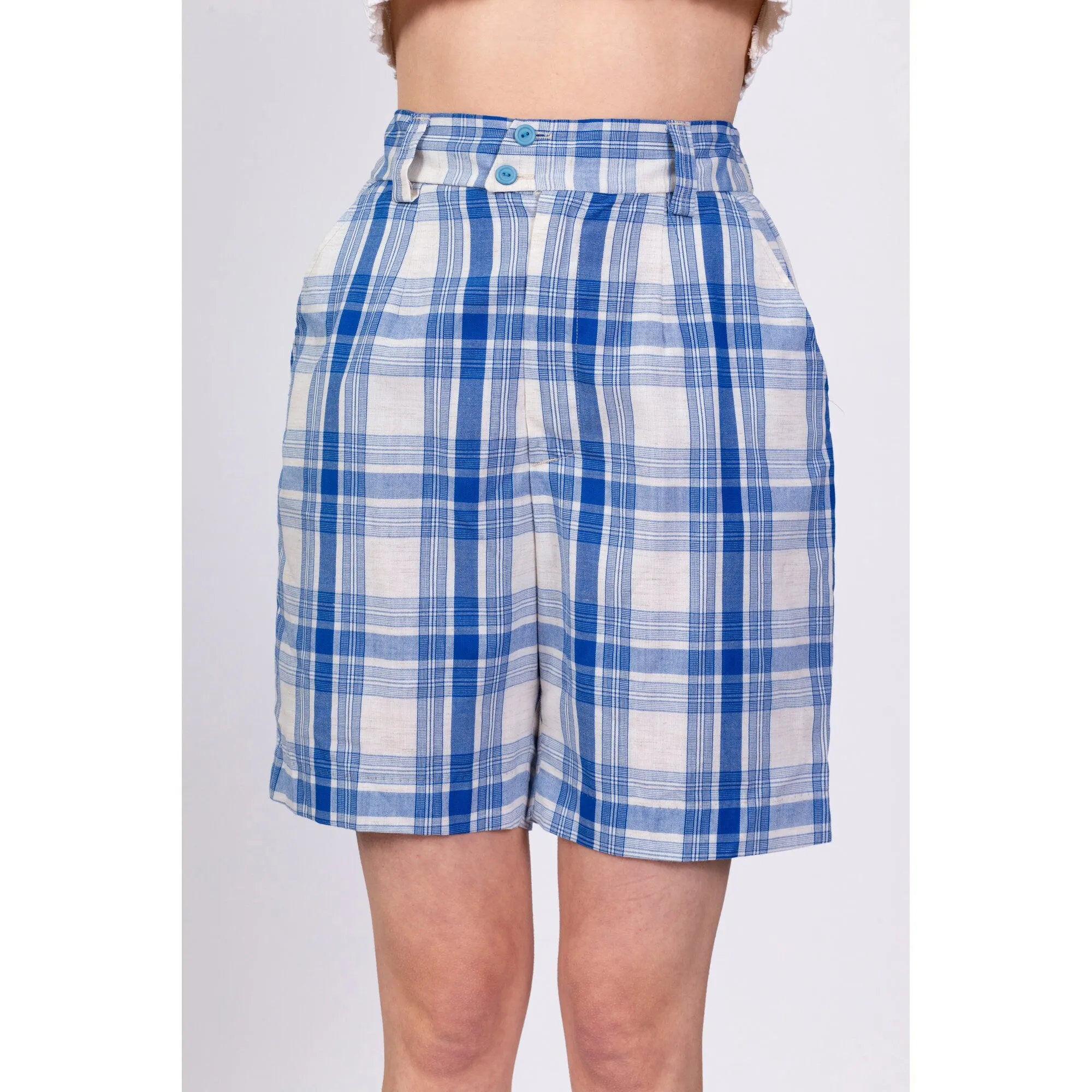 70s Blue & White Plaid Shorts - Medium