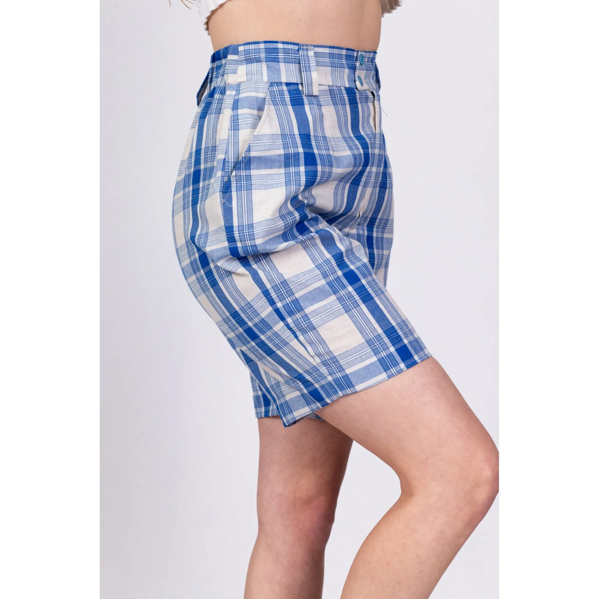 70s Blue & White Plaid Shorts - Medium