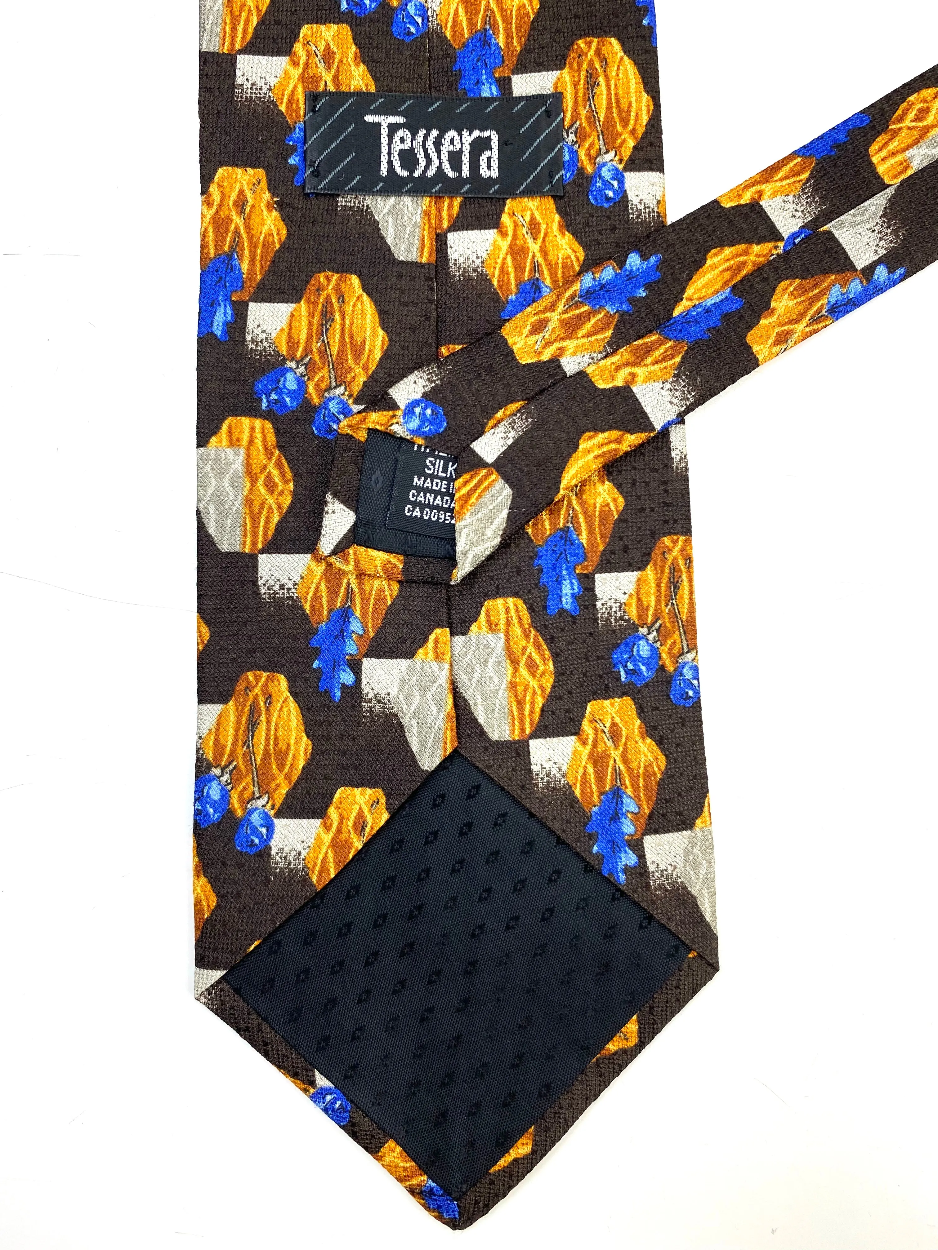 90s Deadstock Silk Necktie, Men's Vintage Brown/ Yellow/ Blue Oak Leaf & Rose Print Tie, NOS