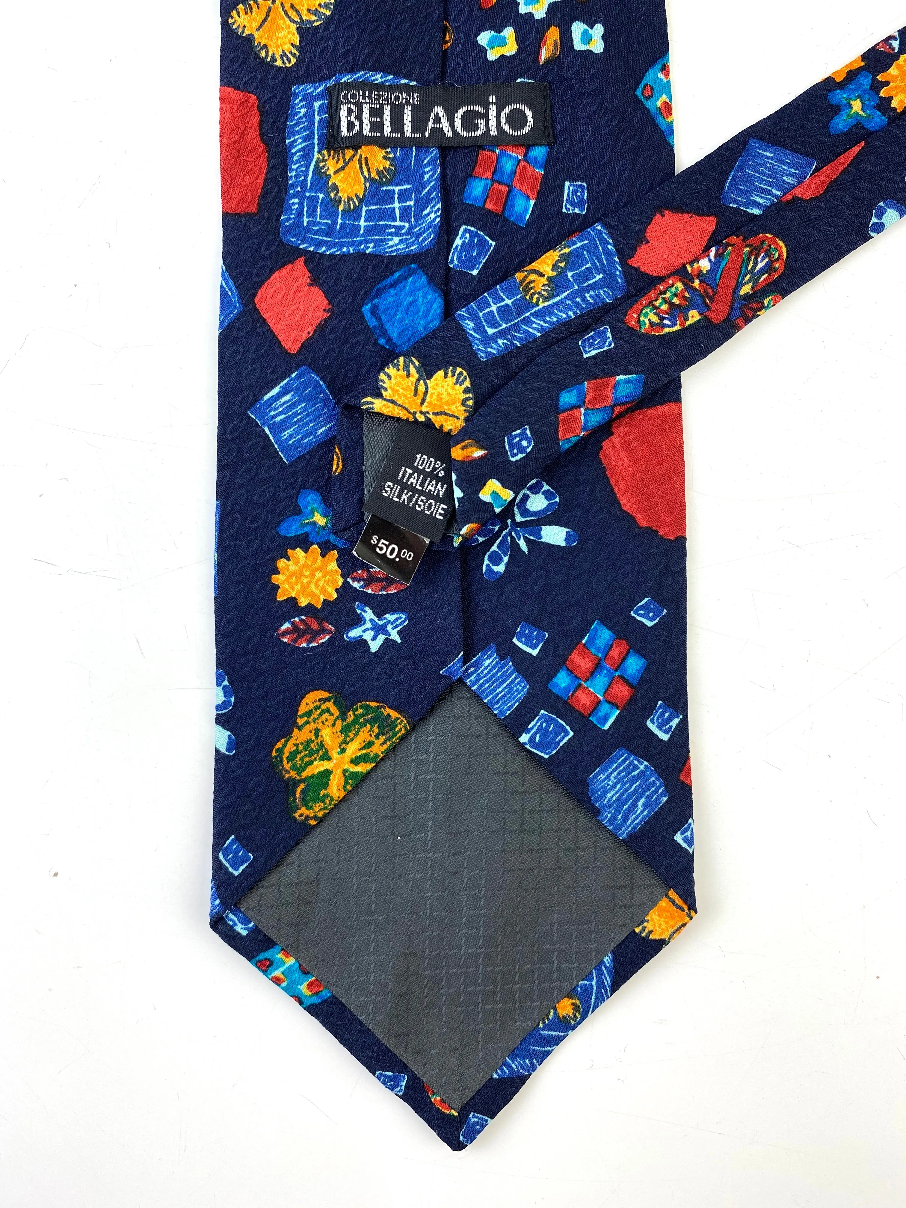 90s Deadstock Silk Necktie, Men's Vintage Navy/ Red/ Orange Floral Butterfly Pattern, NOS