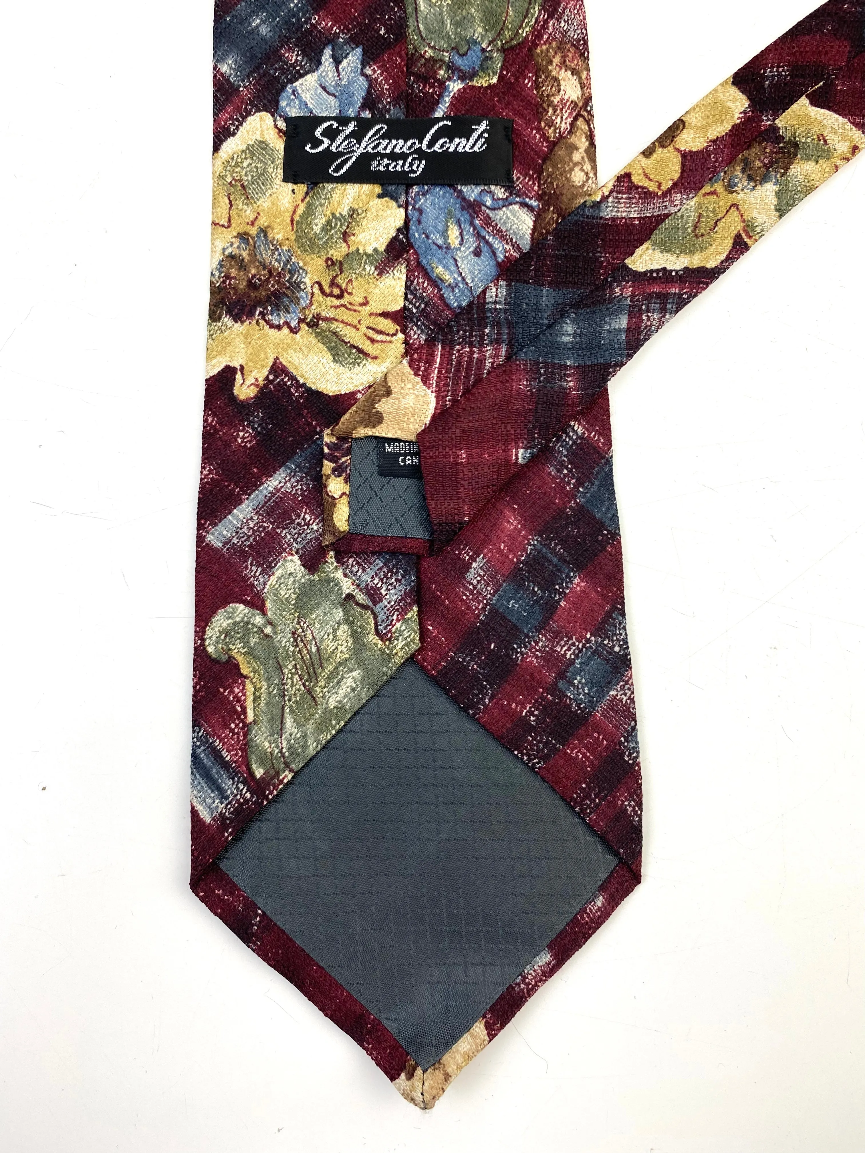 90s Deadstock Silk Necktie, Men's Vintage Wine/ Blue Floral Pattern Tie, NOS