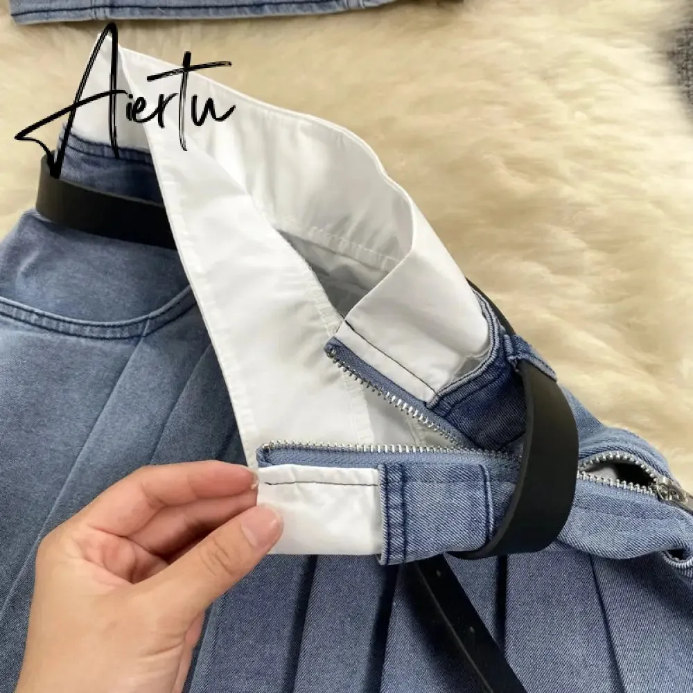 Aiertu  Fashion American Retro Y2K Sexy Denim Suits Women Strapless Mini Top  Pleated Mini Skirt Vintage Beach Two Pieces Set