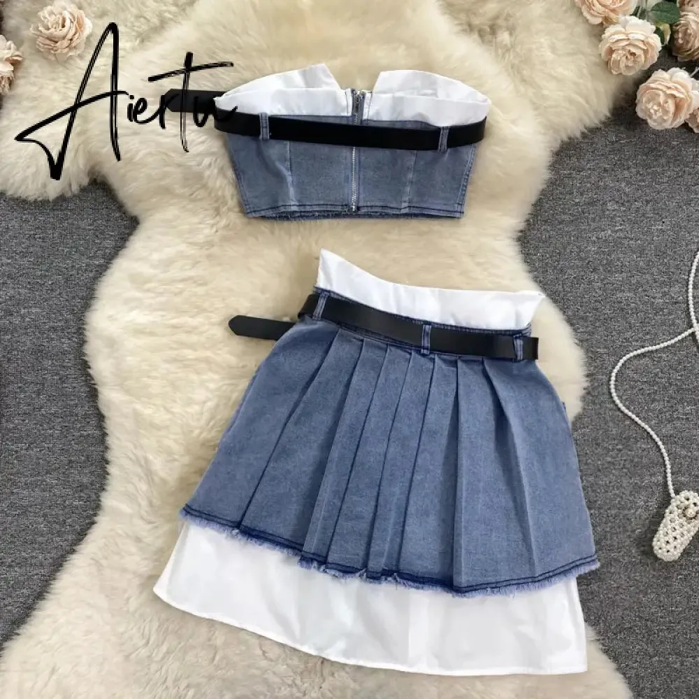 Aiertu  Fashion American Retro Y2K Sexy Denim Suits Women Strapless Mini Top  Pleated Mini Skirt Vintage Beach Two Pieces Set