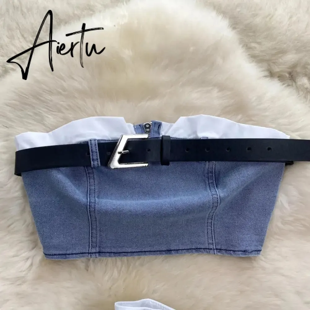 Aiertu  Fashion American Retro Y2K Sexy Denim Suits Women Strapless Mini Top  Pleated Mini Skirt Vintage Beach Two Pieces Set