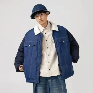 American Retro Patchwork Denim Thickened Cotton Padded Coat Men. American retro coat