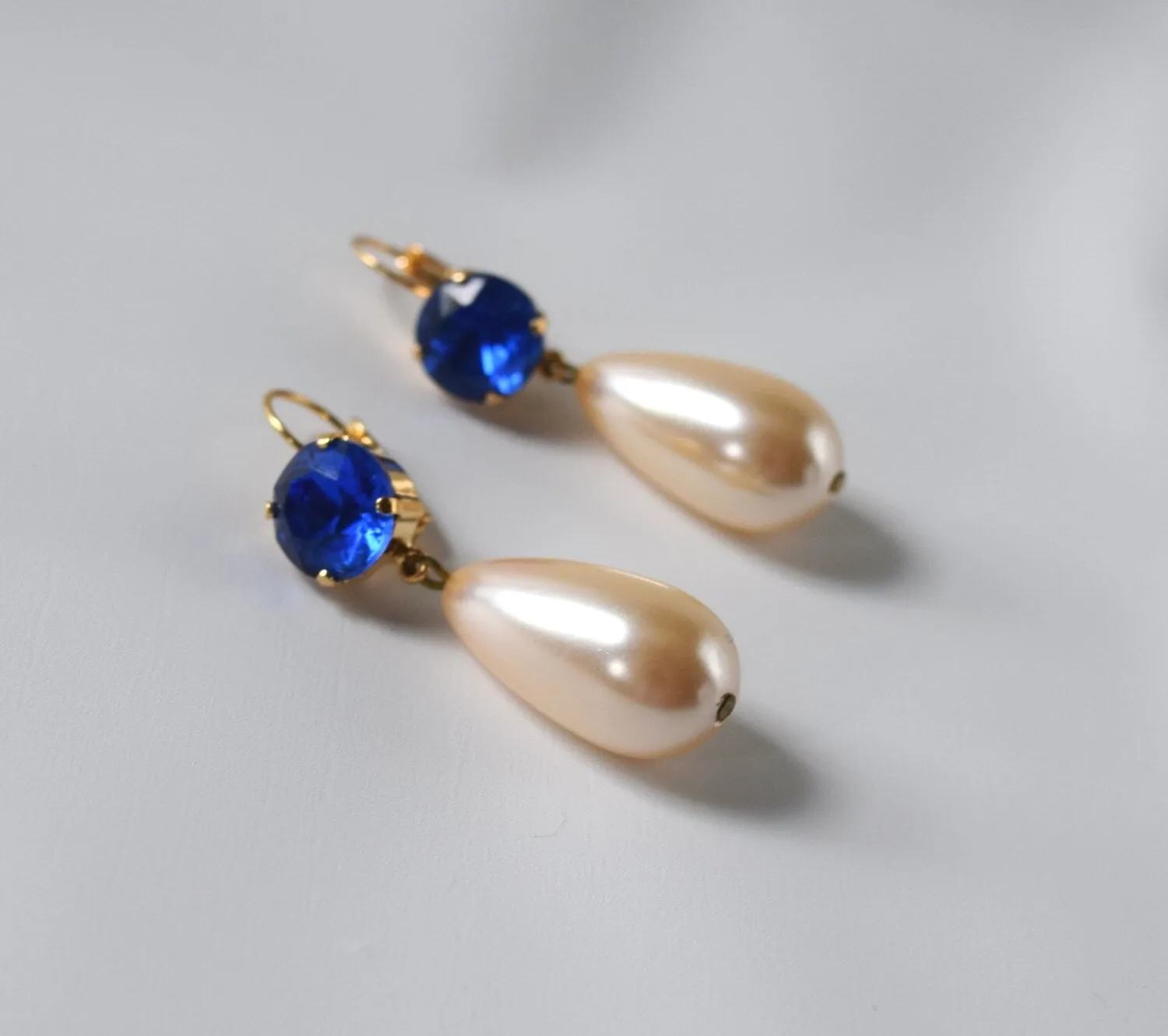 Blue Crystal and Huge Pearl Earrings