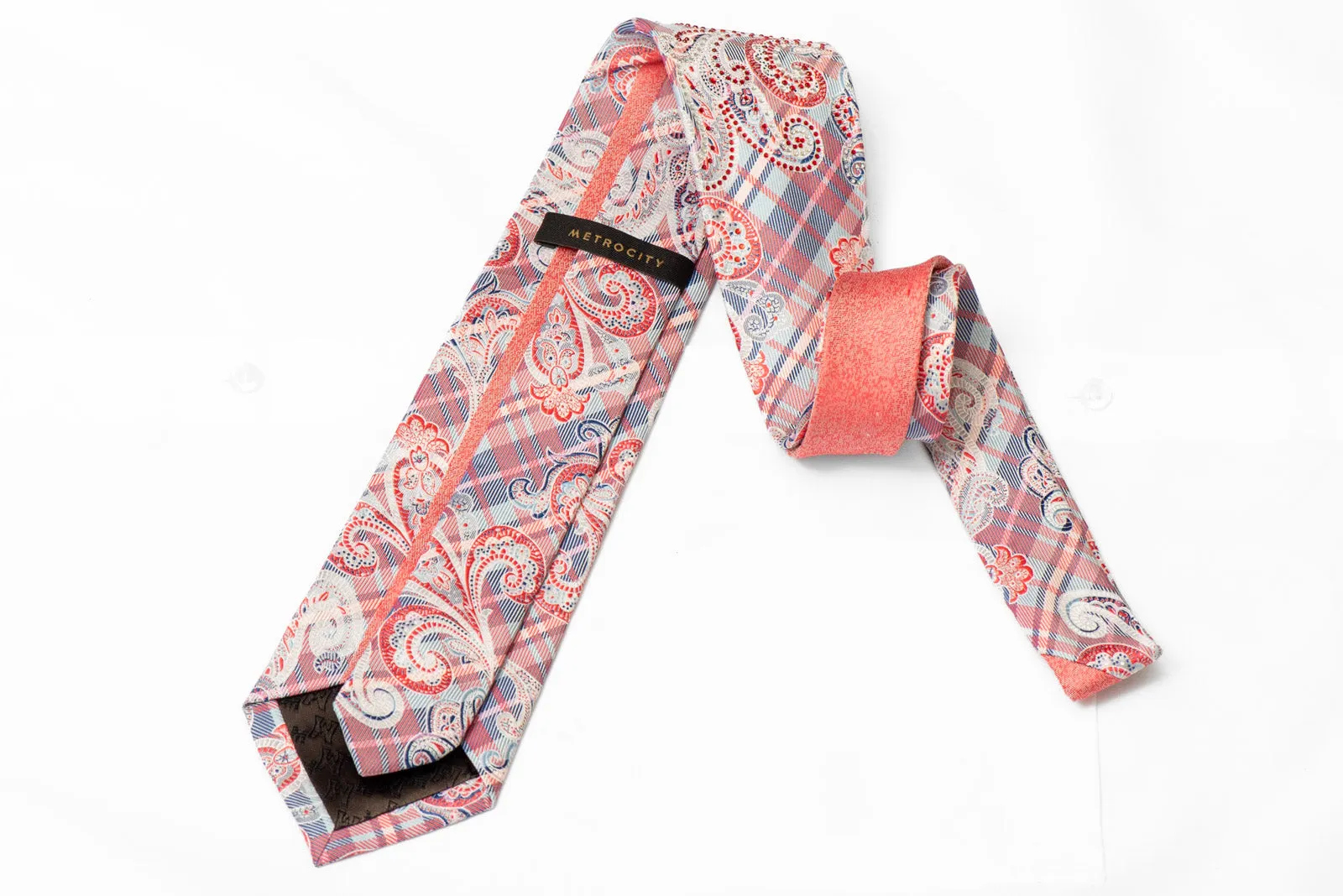 Blue Pink Silver Plaid & Paisley Rhinestone Silk Tie