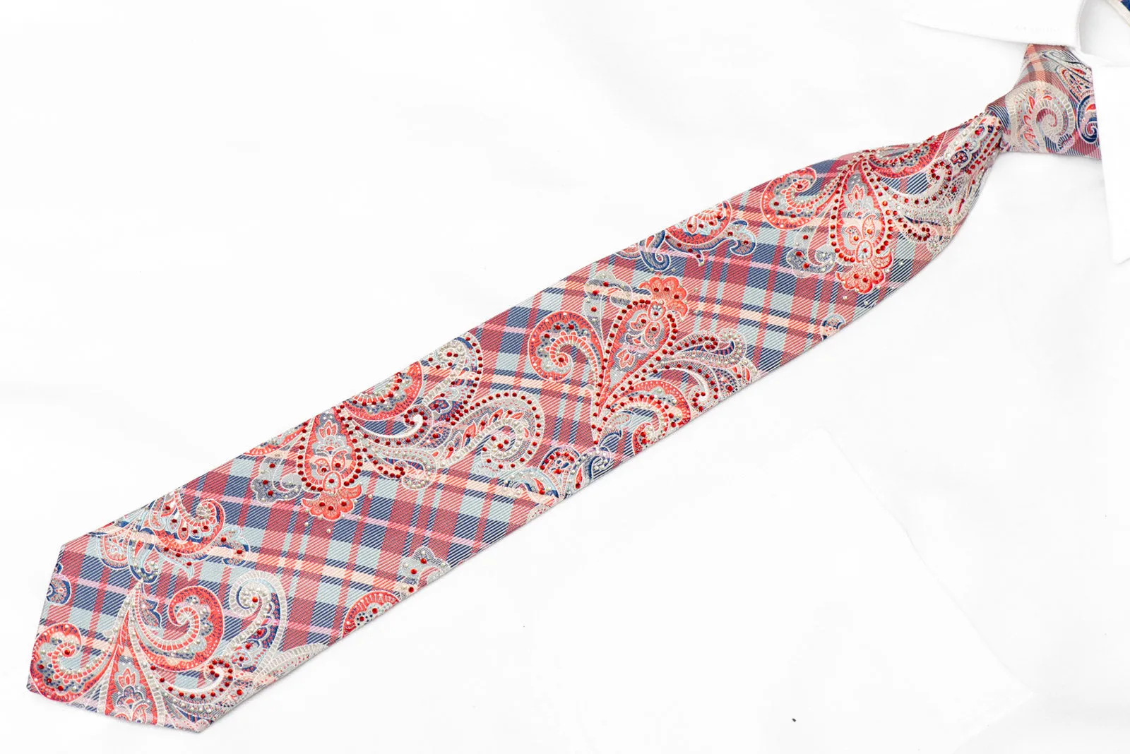 Blue Pink Silver Plaid & Paisley Rhinestone Silk Tie