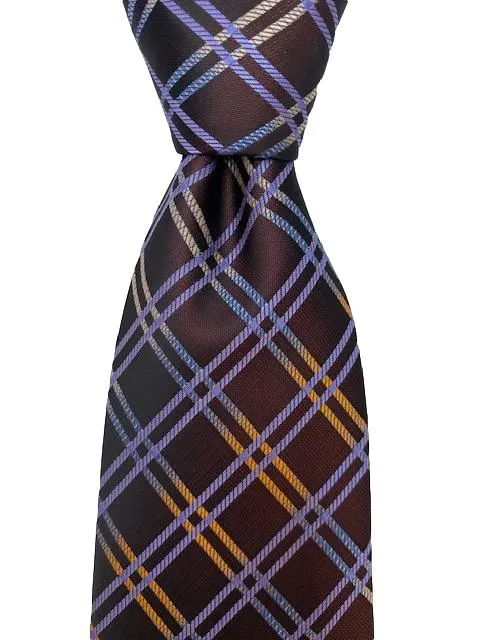 Brown 2XL Tie with Purple Orange Plaid Pattern