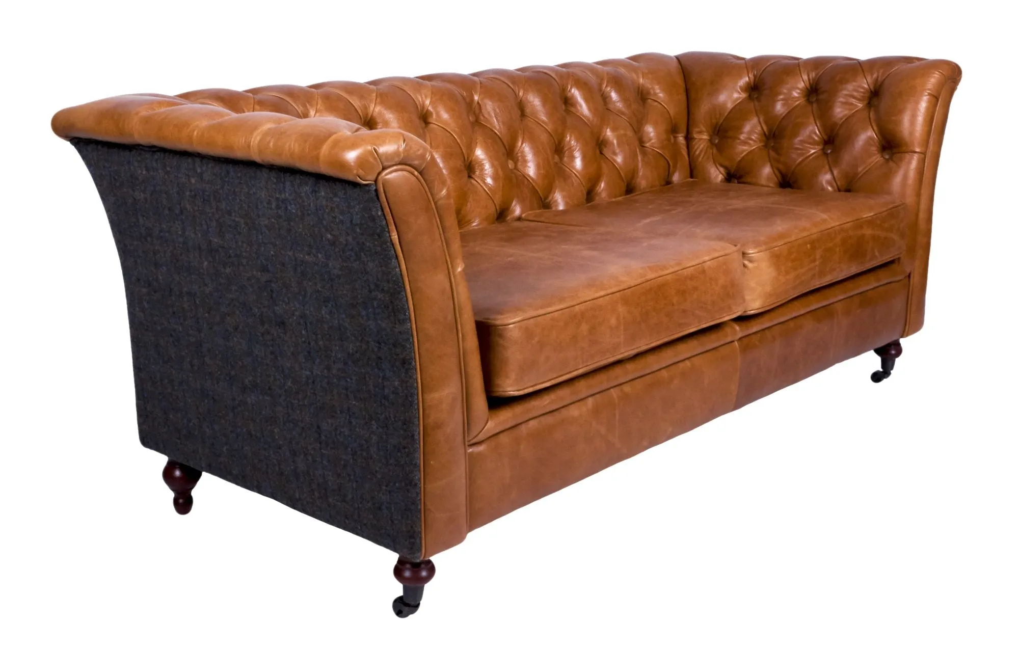 Brown Cerato Leather and Uist Night Harris Tweed Caesar Two Seater Chesterfield Sofa