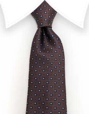 Brown Mens Tie with Black Squares and Silver Diamonds