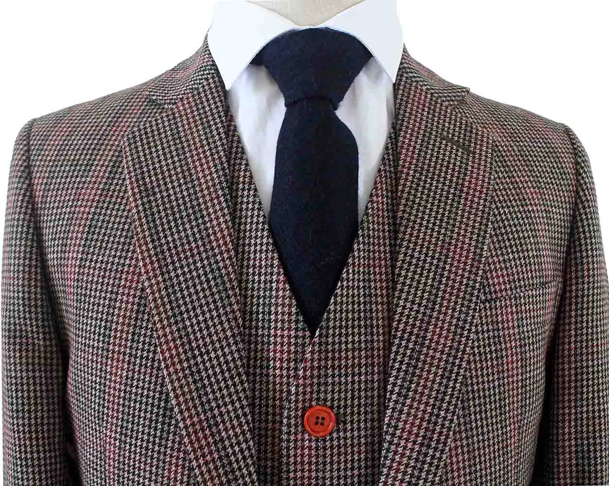 BROWN PINK HOUNDSTOOTH PLAID TWEED 3 PIECE SUIT