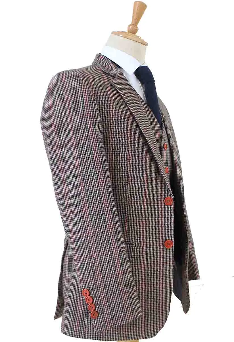 BROWN PINK HOUNDSTOOTH PLAID TWEED 3 PIECE SUIT