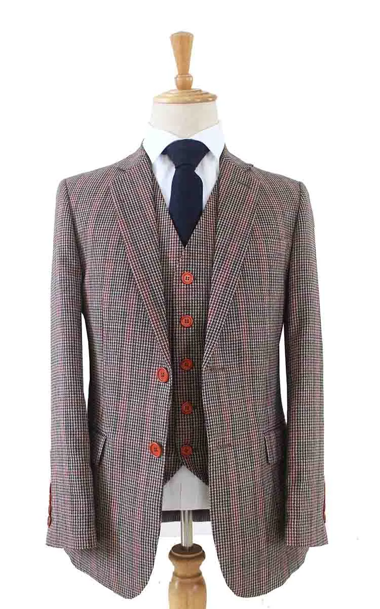 BROWN PINK HOUNDSTOOTH PLAID TWEED 3 PIECE SUIT