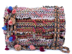 Chanel 15C Paris Dubai Pom Pom Tweed Jumbo Flap Bag RHW Rainbow RYK