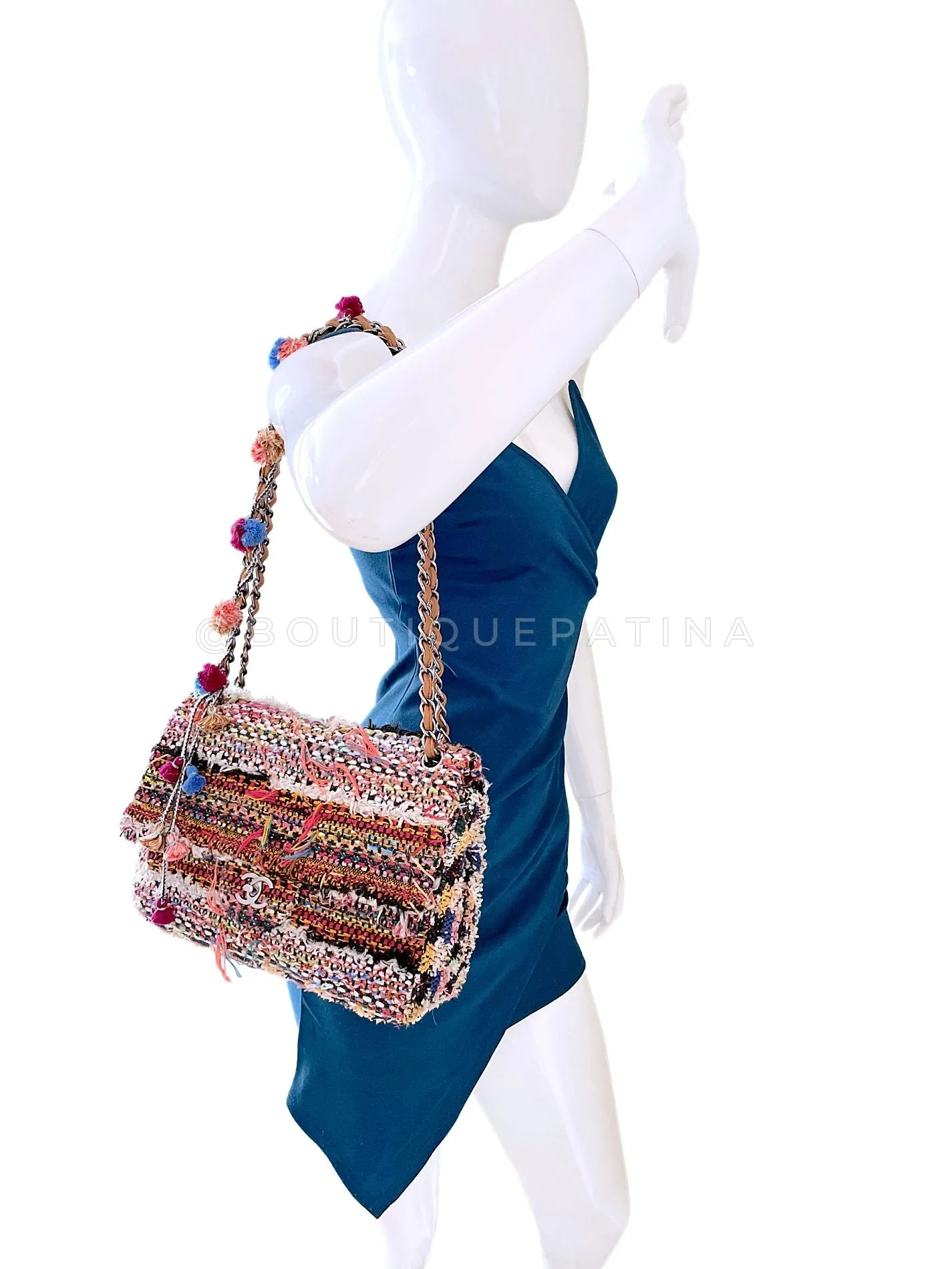 Chanel 15C Paris Dubai Pom Pom Tweed Jumbo Flap Bag RHW Rainbow RYK