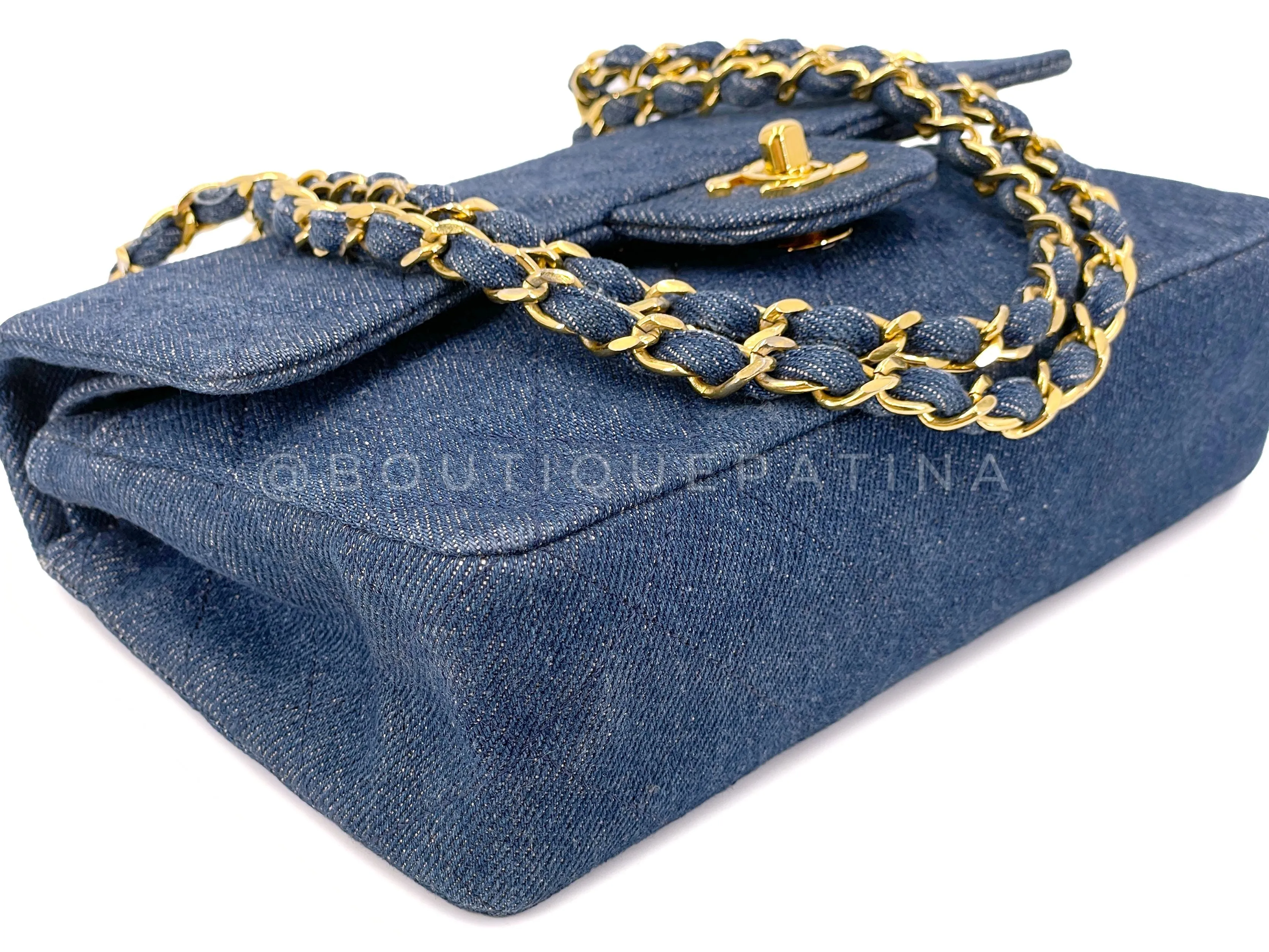 Chanel 1990 Vintage Blue Denim Small Classic Double Flap Bag 24k GHW