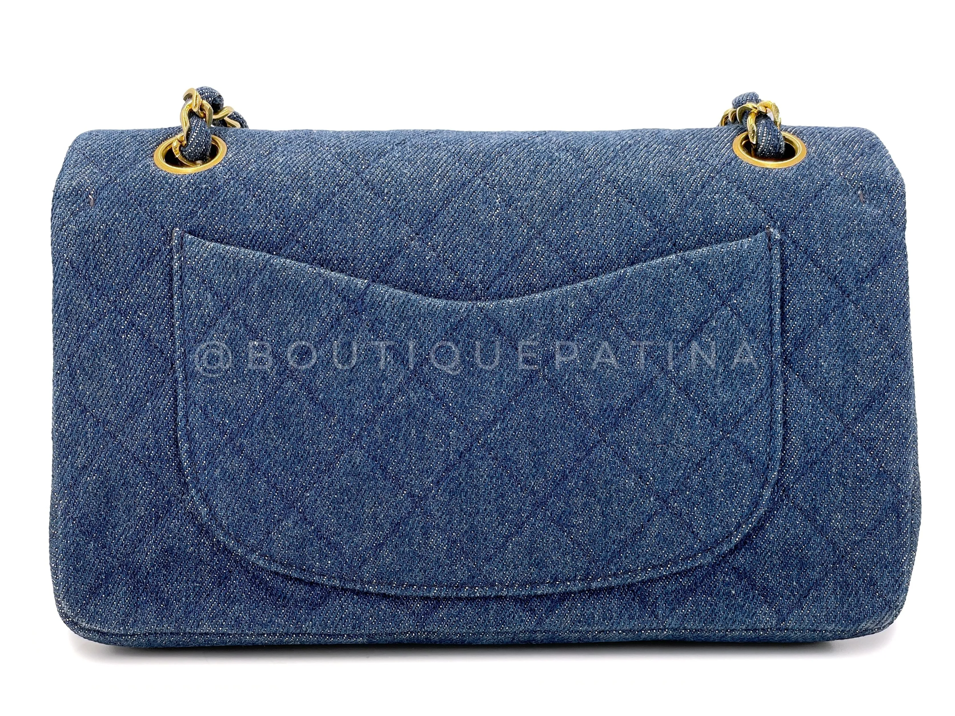 Chanel 1990 Vintage Blue Denim Small Classic Double Flap Bag 24k GHW