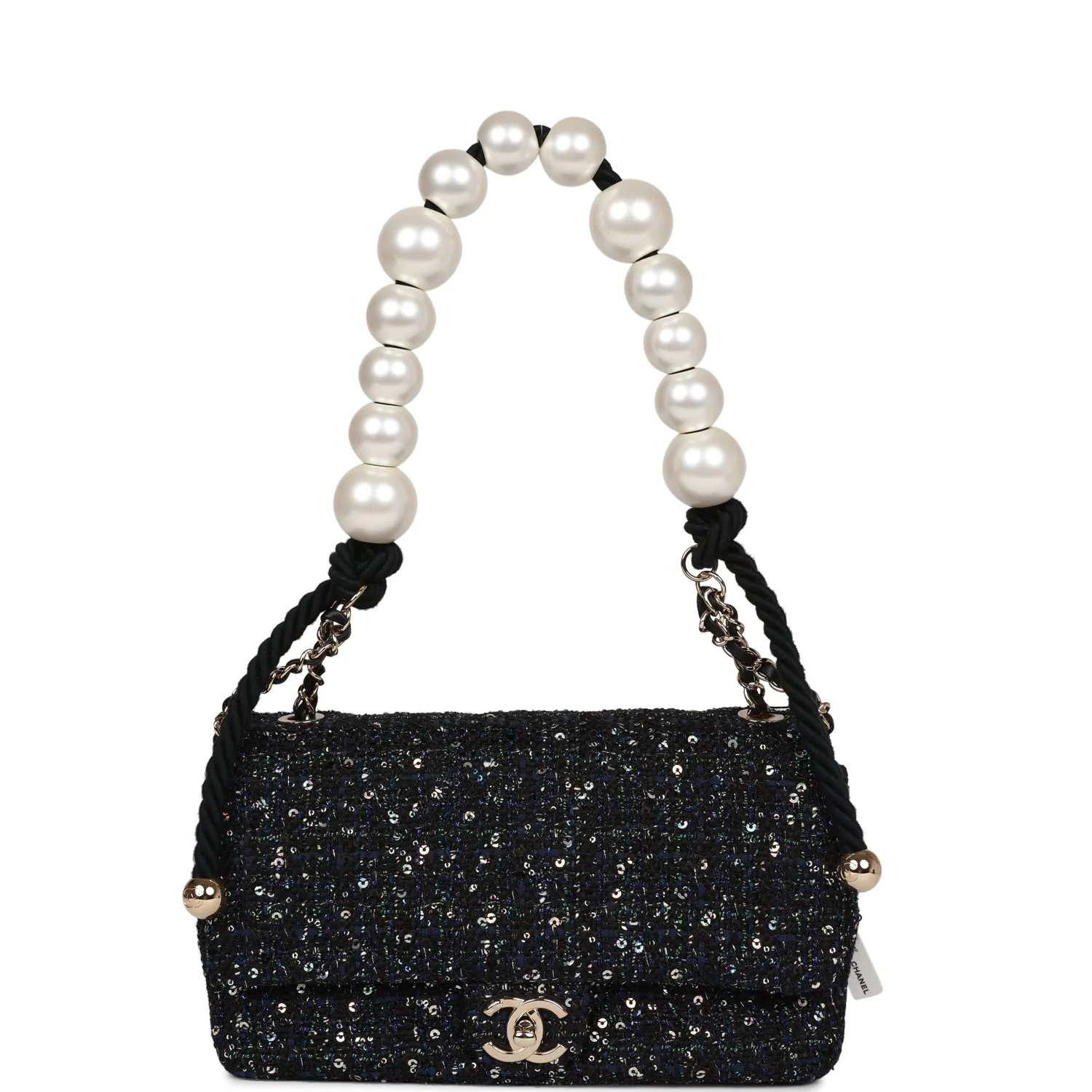 Chanel Medium Pearl Handle Flap Bag Dark Blue Tweed Boucle Light Gold Hardware