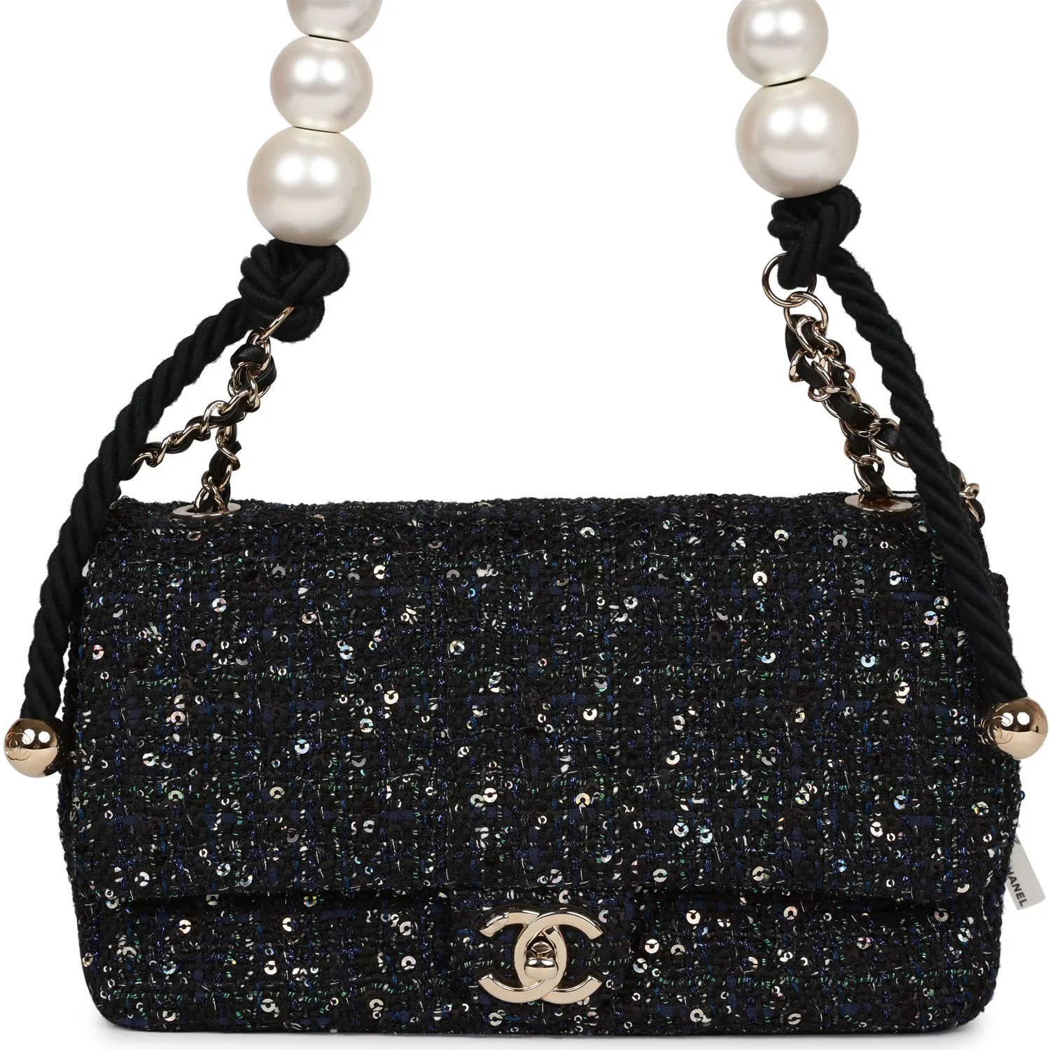 Chanel Medium Pearl Handle Flap Bag Dark Blue Tweed Boucle Light Gold Hardware