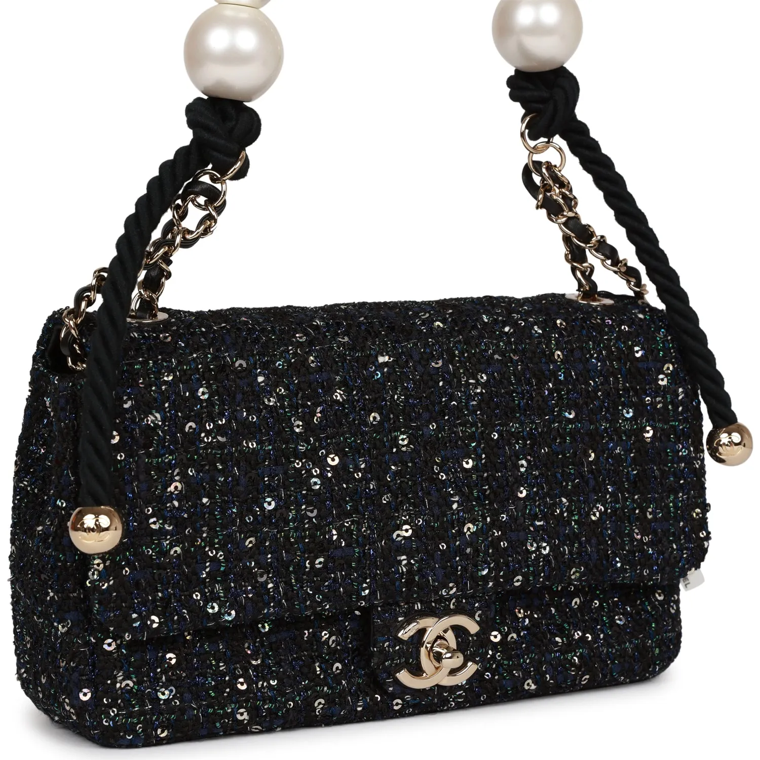 Chanel Medium Pearl Handle Flap Bag Dark Blue Tweed Boucle Light Gold Hardware