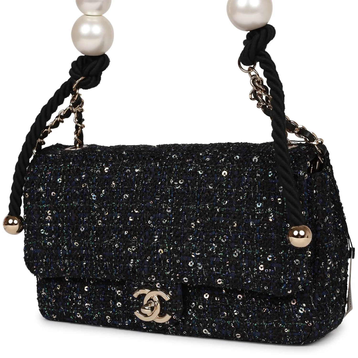 Chanel Medium Pearl Handle Flap Bag Dark Blue Tweed Boucle Light Gold Hardware