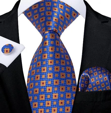 Classy Blue with Orange Squares Geometric Patterned Tie Set