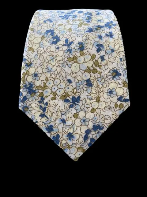 Dark Blue, Pale Blue, Khaki and White Mini Flowers on Men's Cotton Necktie