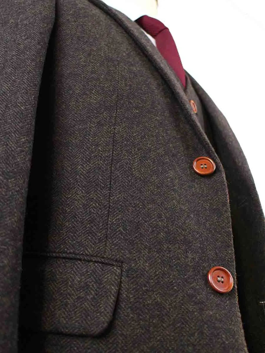 DARK BROWN HERRINGBONE TWEED 3 PIECE SUIT