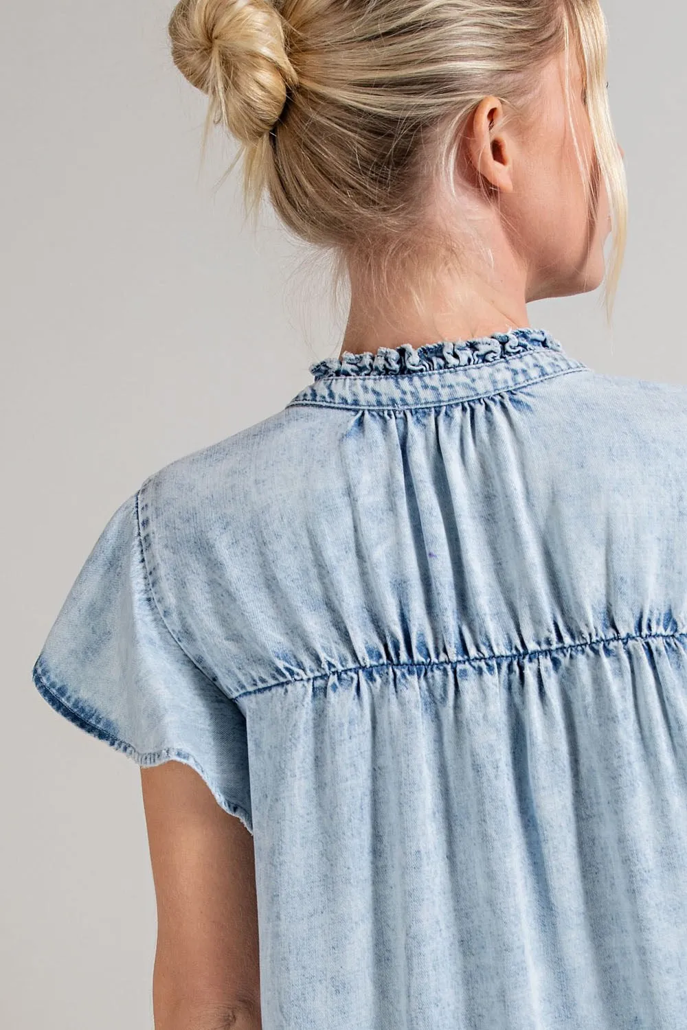 Denim button down ruffle trim mini dress