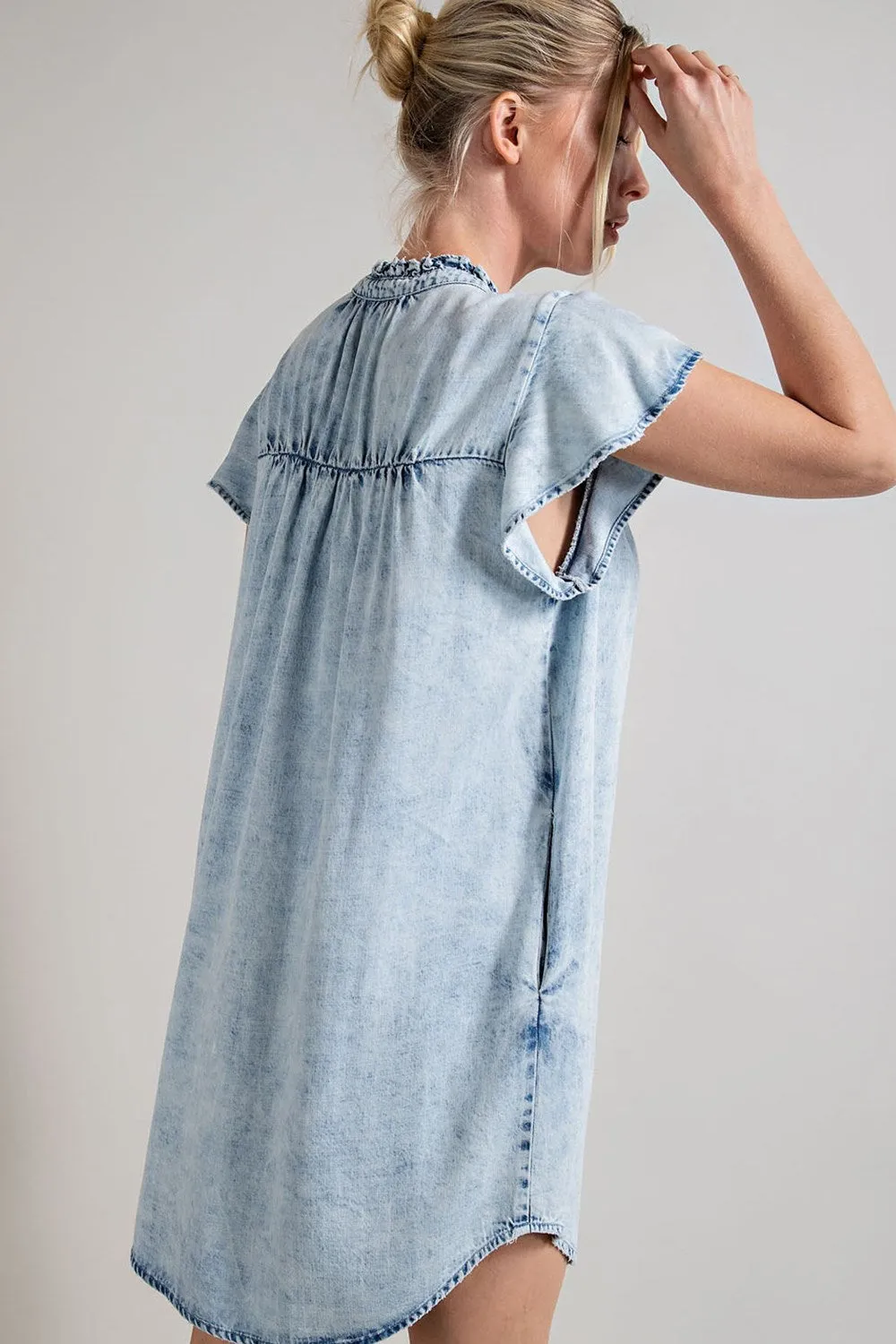 Denim button down ruffle trim mini dress