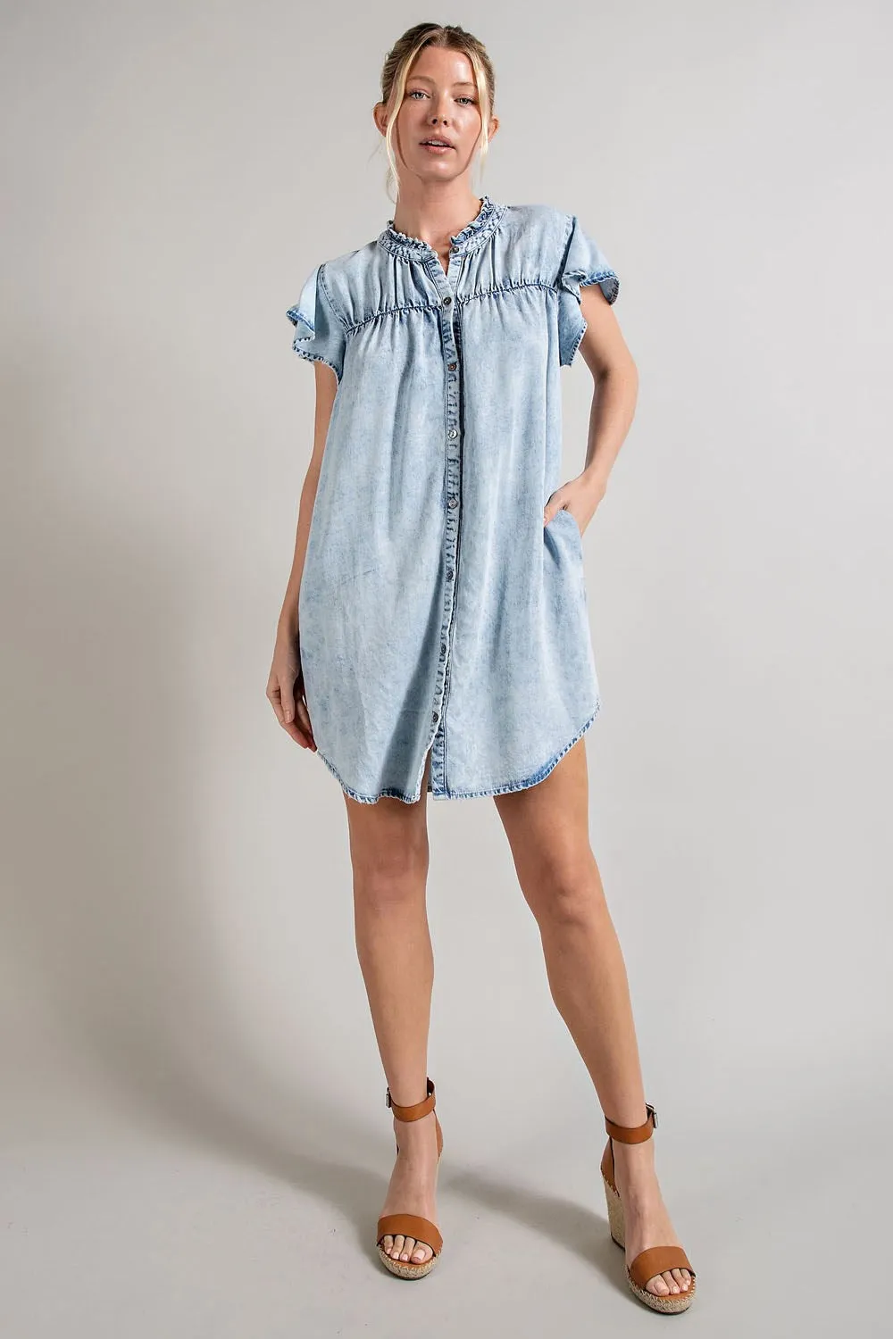 Denim button down ruffle trim mini dress