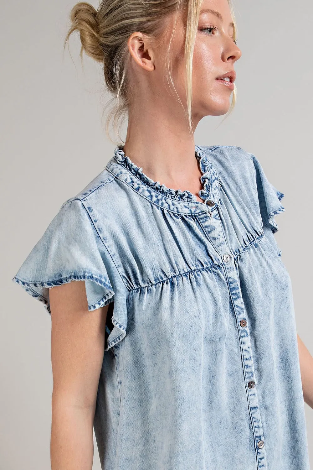 Denim button down ruffle trim mini dress