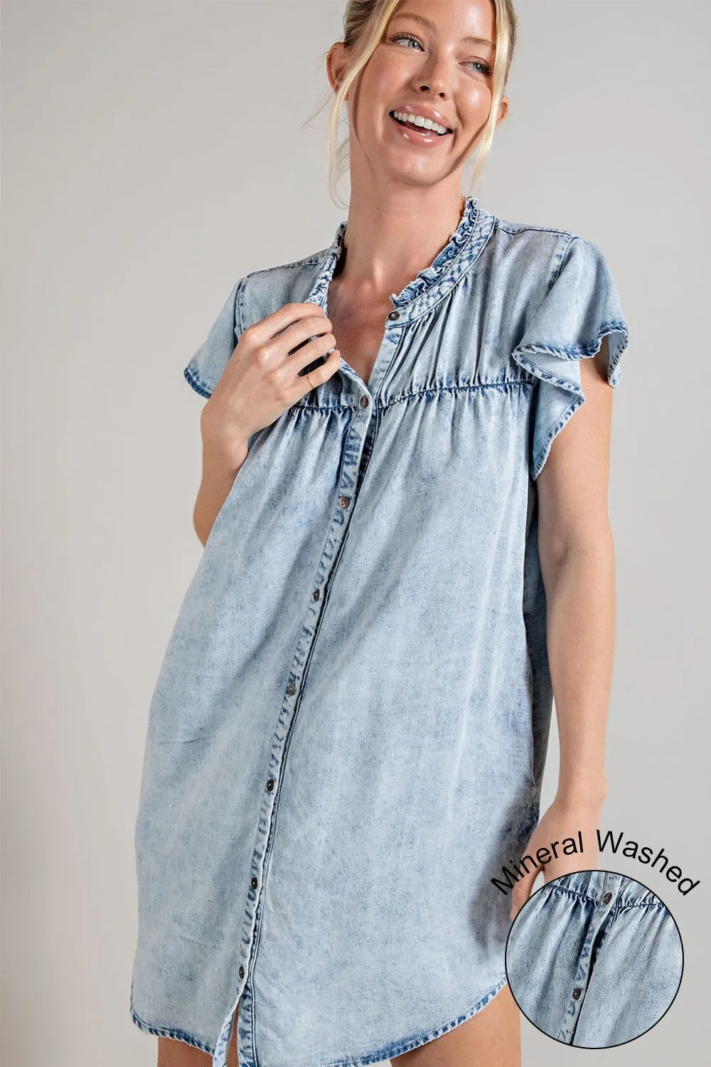 Denim button down ruffle trim mini dress