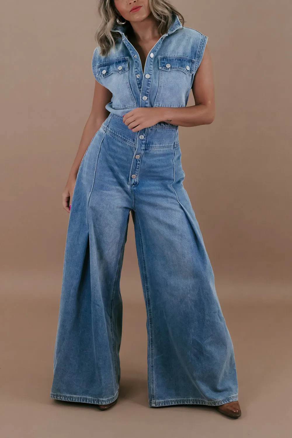 Doing The Most Denim Button Up Jumpsuit