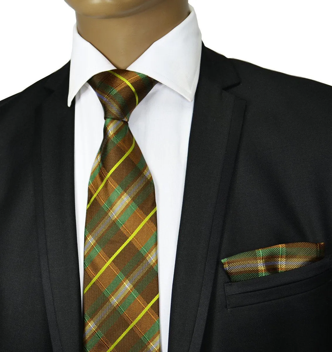 Green and Brown Plaid Silk Tie and Pocket Square