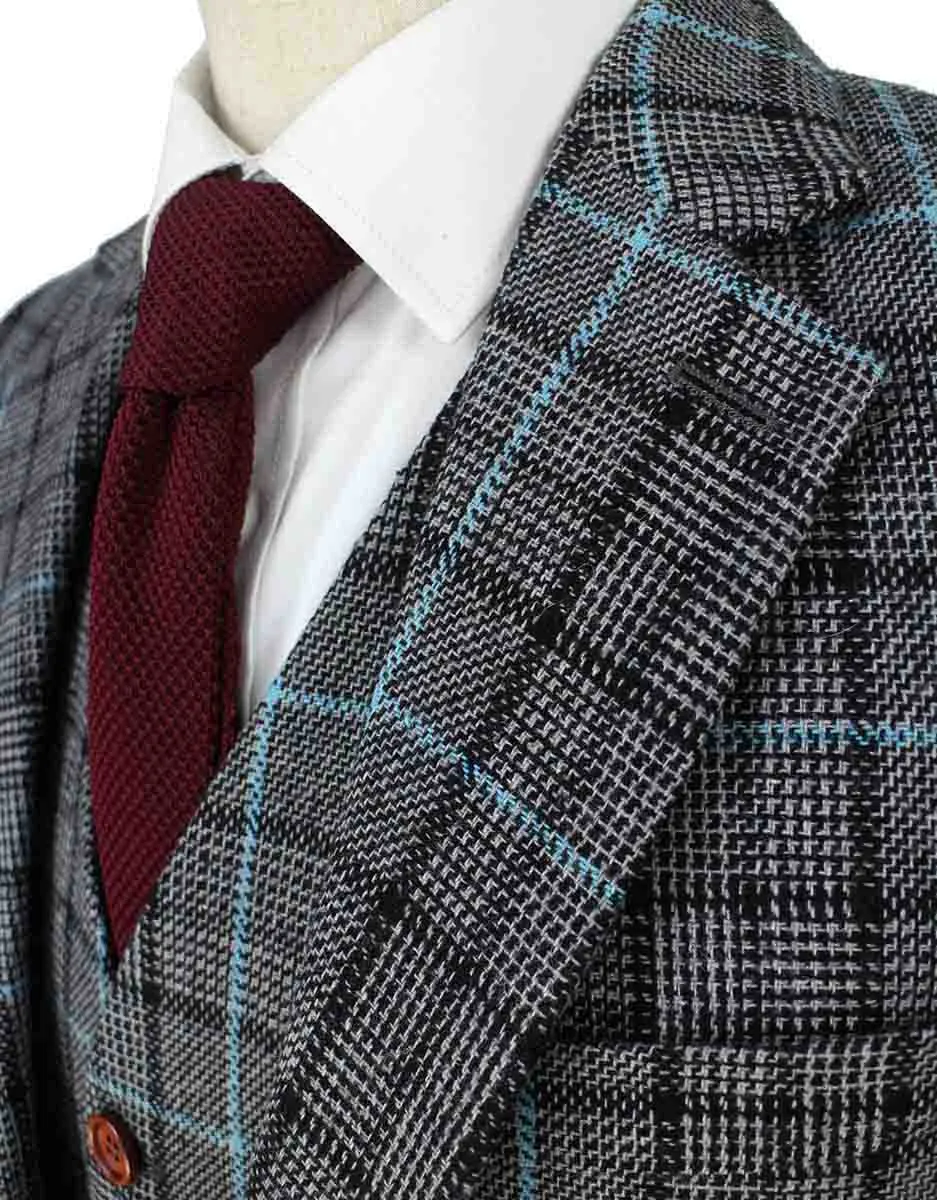 GREY BLUE HOUNDSTOOTH PLAID TWEED 2 PIECE SUIT