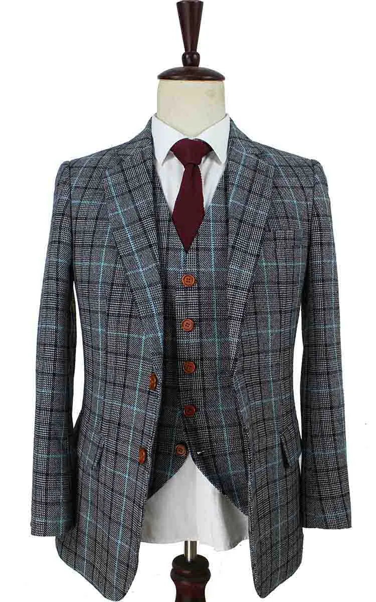 GREY BLUE HOUNDSTOOTH PLAID TWEED 3 PIECE SUIT