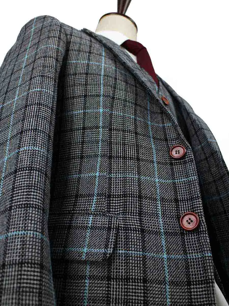 GREY BLUE HOUNDSTOOTH PLAID TWEED 3 PIECE SUIT